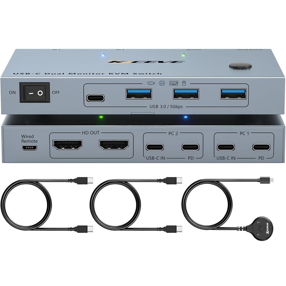 KCEVE USB-C Dual Monitor KVM Switch 2 Laptops 4K 60Hz Wired Remote USB 3.0